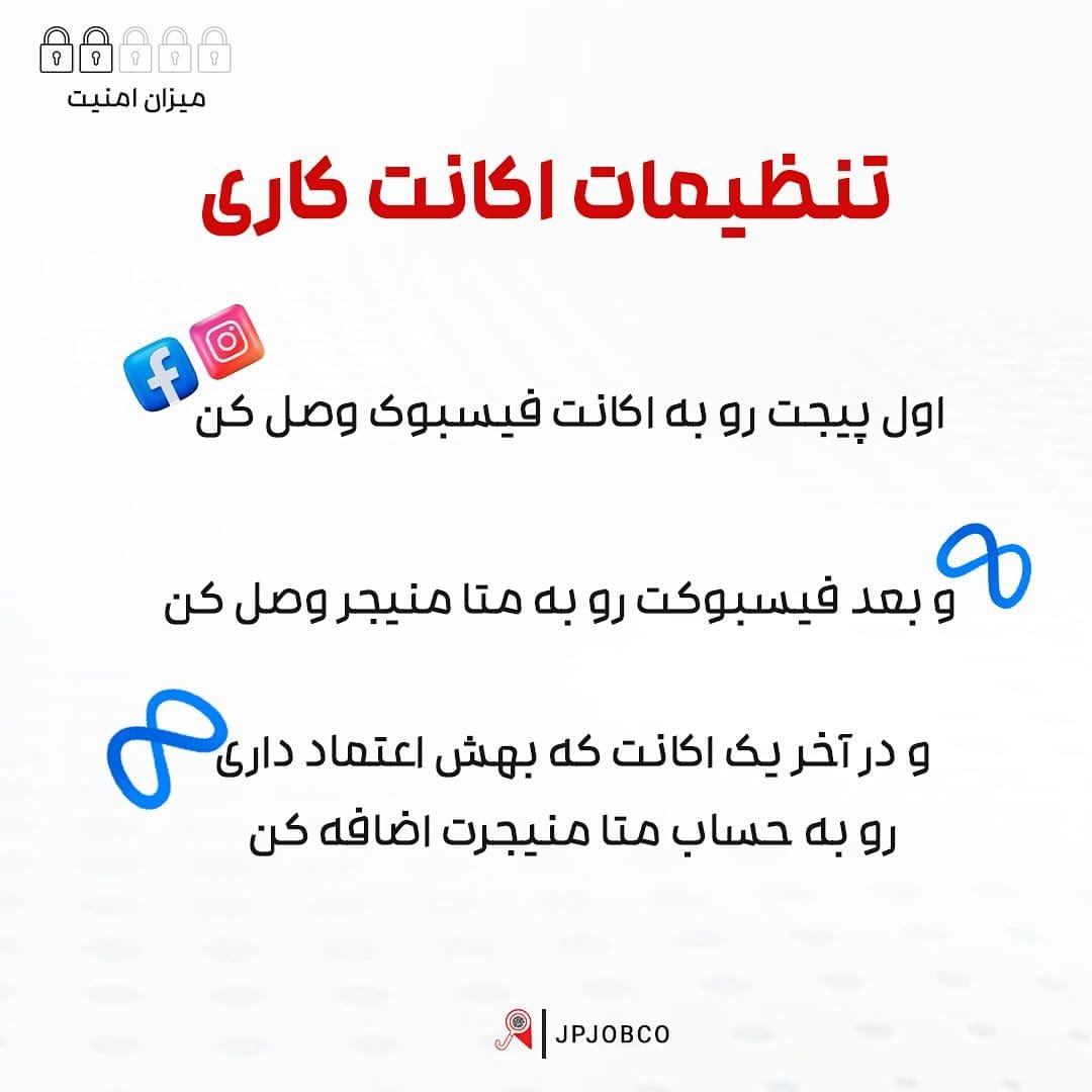 تصویر آموزش راه اندازی اکانت تجاری در شبکه های اجتماعی به زبان فارسی است. در بالا، با فونت بزرگ، «تنظيمات اكانت كارى» را نشان مي‌دهد كه به «تنظيمات حساب كاري» ترجمه مي‌شود. سه پاراگراف زیر دستورالعمل های گام به گام را شرح می دهد:1. اتصال: صفحه خود را به حساب فیس بوک خود متصل کنید. در کنار این آیتم لوگوی فیسبوک و اینستاگرام قرار دارد. 2. اتصال: سپس فیس بوک خود را به Meta Business Manager متصل کنید. در کنار این آیتم نماد بی نهایت آبی قرار دارد. 3. و در آخر یک اکانت که بهش اعتماد داری رو به حساب متا منیجرت اضافه کن: در نهایت، حسابی را که به آن اعتماد دارید به حساب مدیریت کسب و کار متا اضافه کنید. همچنین یک علامت بی نهایت آبی در کنار این آیتم وجود دارد. در پایین تصویر لوگوی JPJOBCO قرار دارد. در بالا، سمت چپ، پنج قفل و نوشته «میزان امنیت» به معنی «سطح امنیتی» وجود دارد. به طور کلی، تصویر دستورالعمل های ساده و واضحی را با هدف اطمینان از امنیت حساب کسب و کار شما ارائه می دهد.