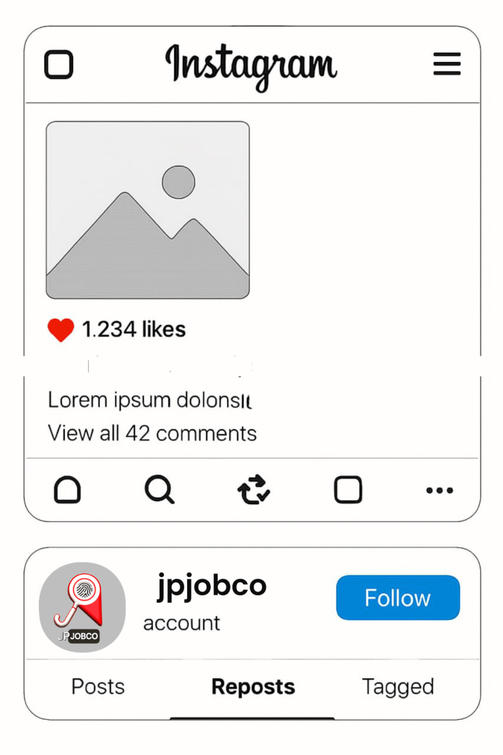 تصویر شبیه سازی شده از یک پروفایل پیج اینستاگرام و دکمه جدید repost